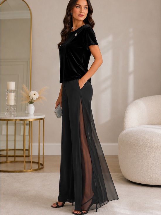 Pants - Black Velvet 2-Piece Pant Suit. Elegant Formal Evening Set Rhinestone Accent